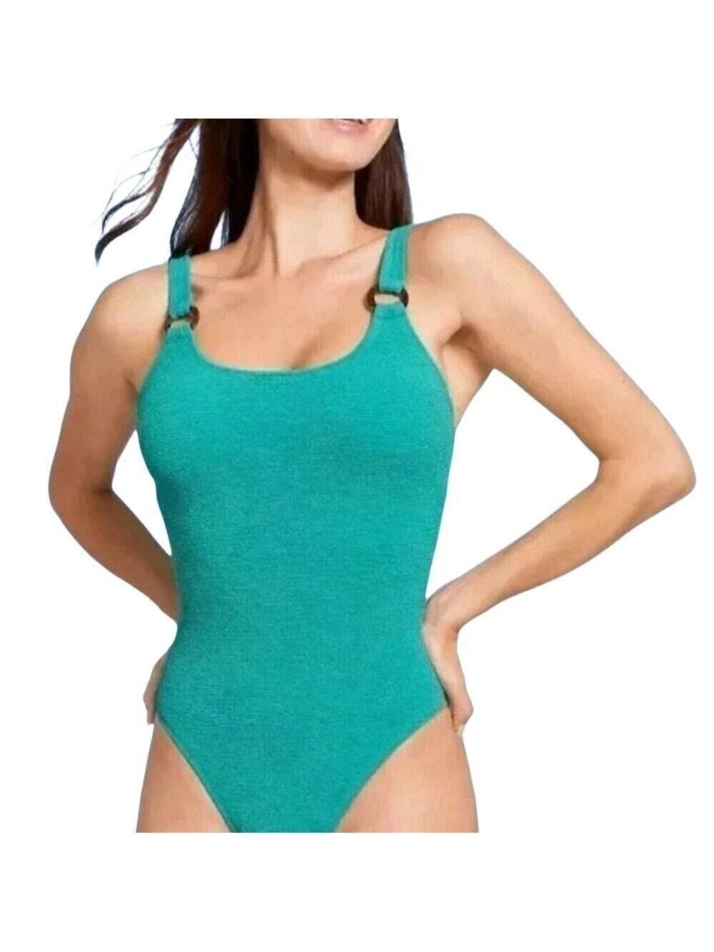 Shade & Shore Turquoise Pucker Textured High Leg Swimsuit Size S